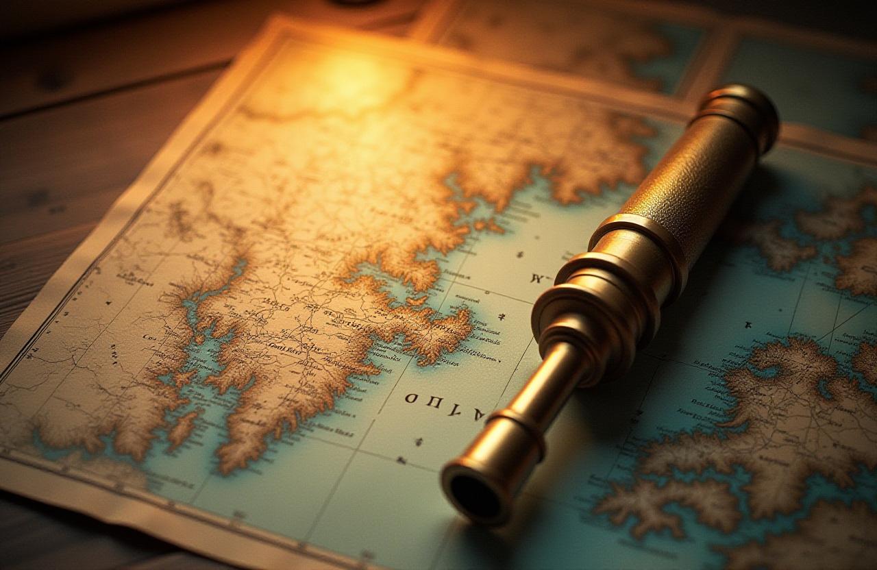 A beautifully illuminated antique map of the Atlantic coast with a spyglass resting on it.