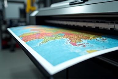 A large-format printer producing a high-resolution print of a colorful map.