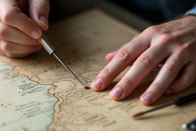 Close-up of a restorer's hands carefully mending a tear in an old map.