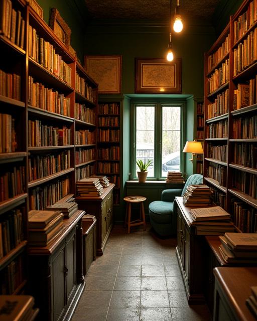 The warm, inviting interior of Waypoint Books, with shelves full of old books and maps.